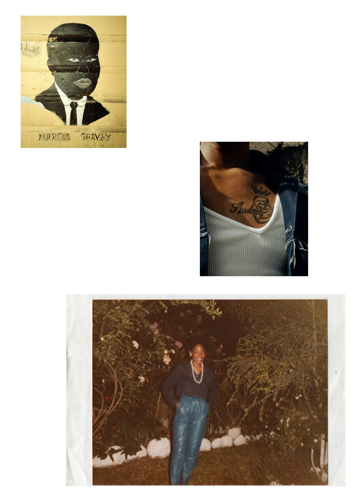 Book spread from Bianca Saunders' zine 38 Love Lane featuring a painting of a person, and a photo of her mum at a younger age