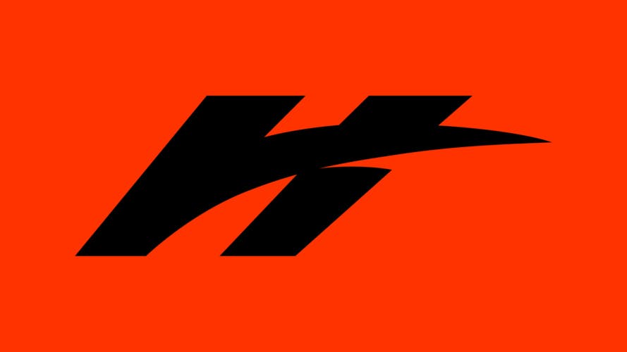 Black Biti's Hunter logo of a 'H' with a crossbar in the shape of a blade shown on a red background