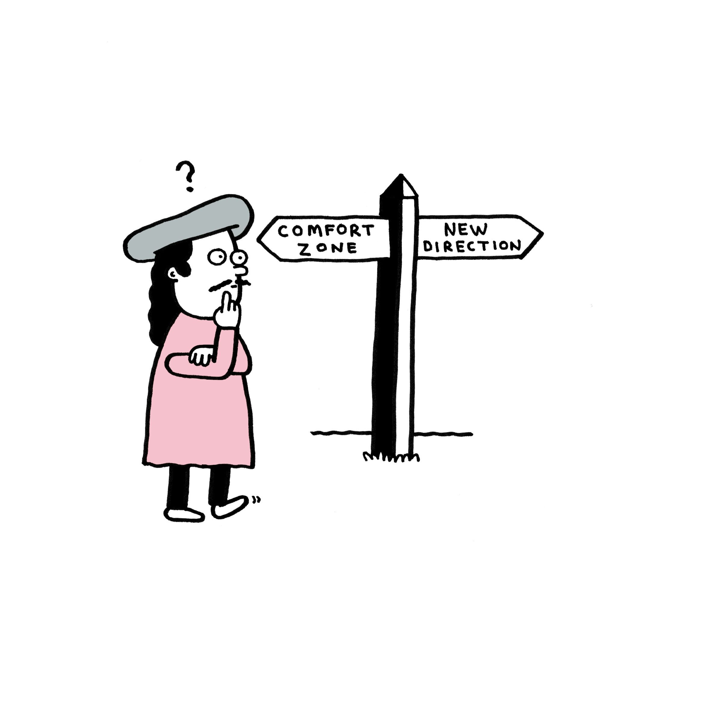 Man stands confused at a sign