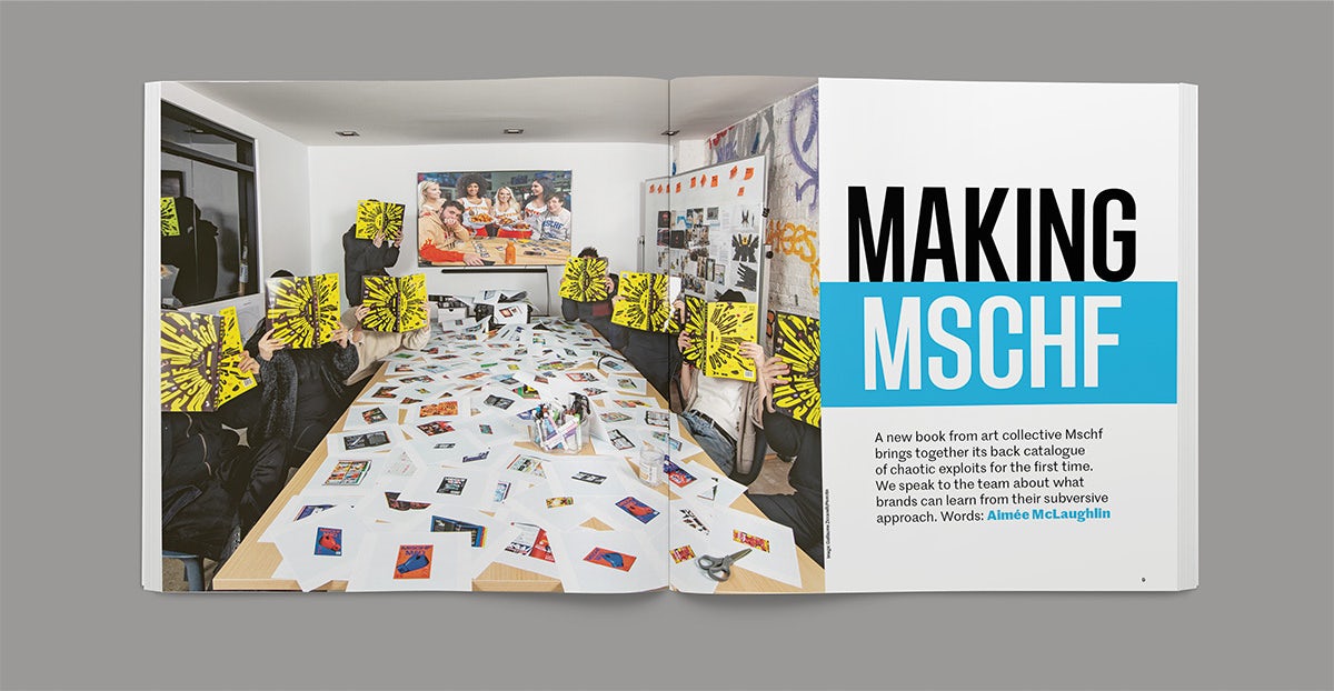 Spread from the Creative Review Future issue headlined 'making Mschf' with a long table covered in paper and people holding up magazines to cover their faces