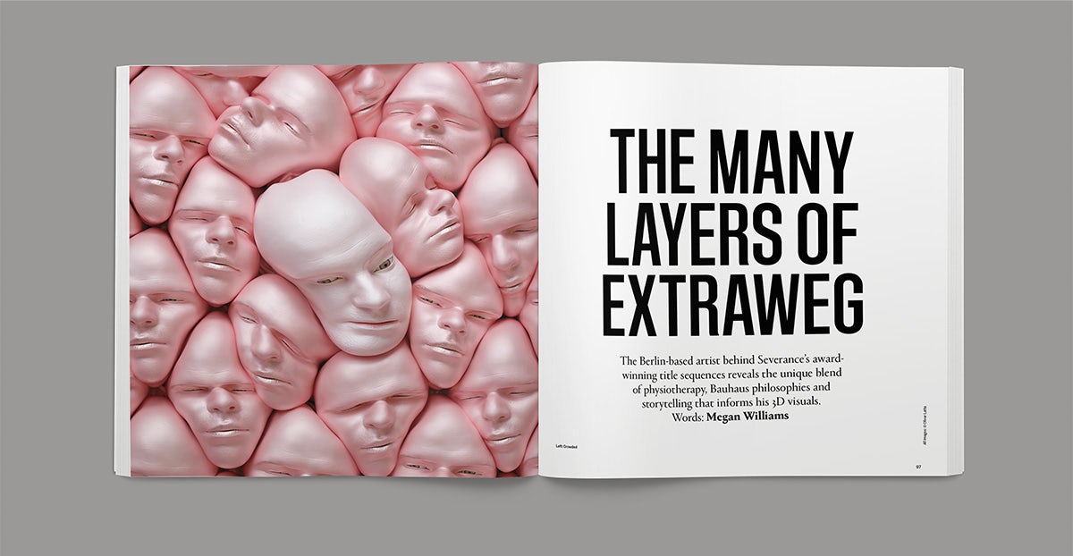 Spread from the Creative Review Future issue headlined 'the many layers of Extraweg' and a 3D artwork of bulging pink faces