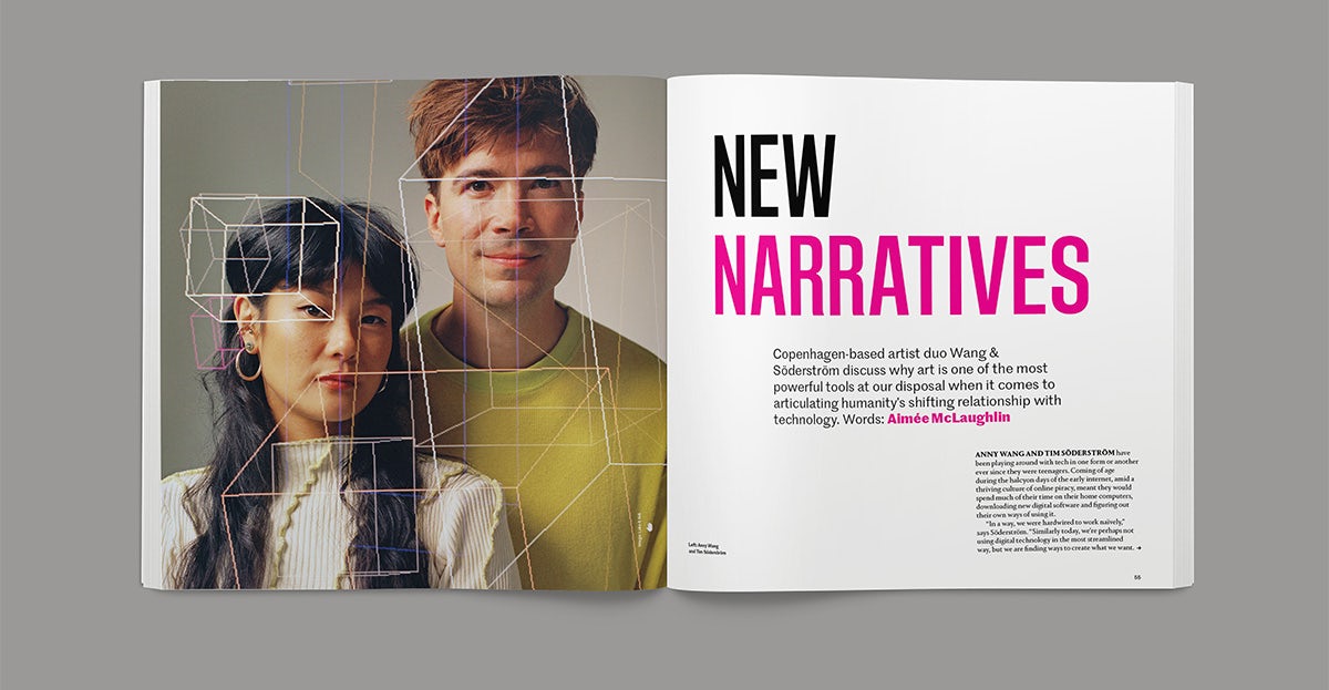 Spread from the Creative Review Future issue headlined 'new narratives' and a photo of two people with geometric lines laid over the top
