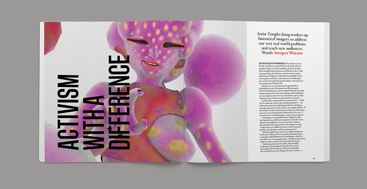 Spread from the Creative Review Future issue headlined 'activism with a difference' and an image of a pink alien like creature