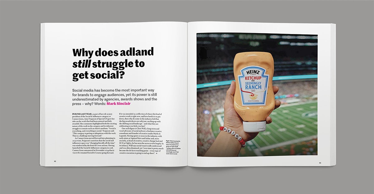 Spread from the Creative Review Future issue headlined 'why does adland still struggle to get social' and a photo of a Heinz sauce bottle
