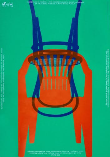 Poster by Dafi Kuhne of a red chair with a blue chair rotated upside down and layered over it