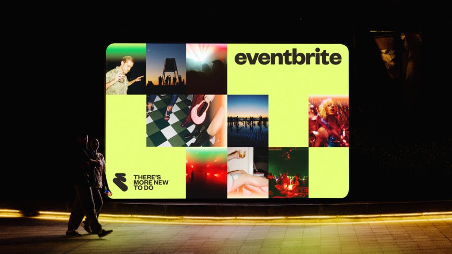 Outdoor Eventbrite branded display shown at night, featuring photos of events against a bright yellow-green backdrop