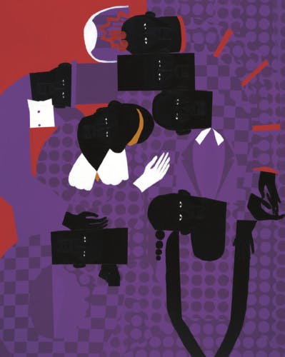 Painting by Jon Key showing figures with abstract interlocking bodies dressed in purple patterned suits