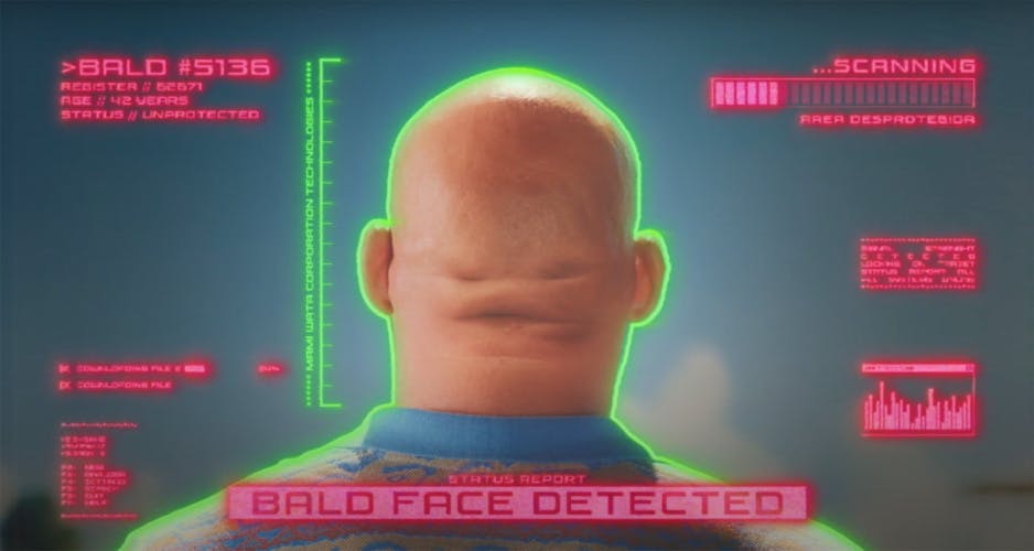 Still from Mami Wata campaign showing the back of a bald person's head with facial recognition graphics laid over
