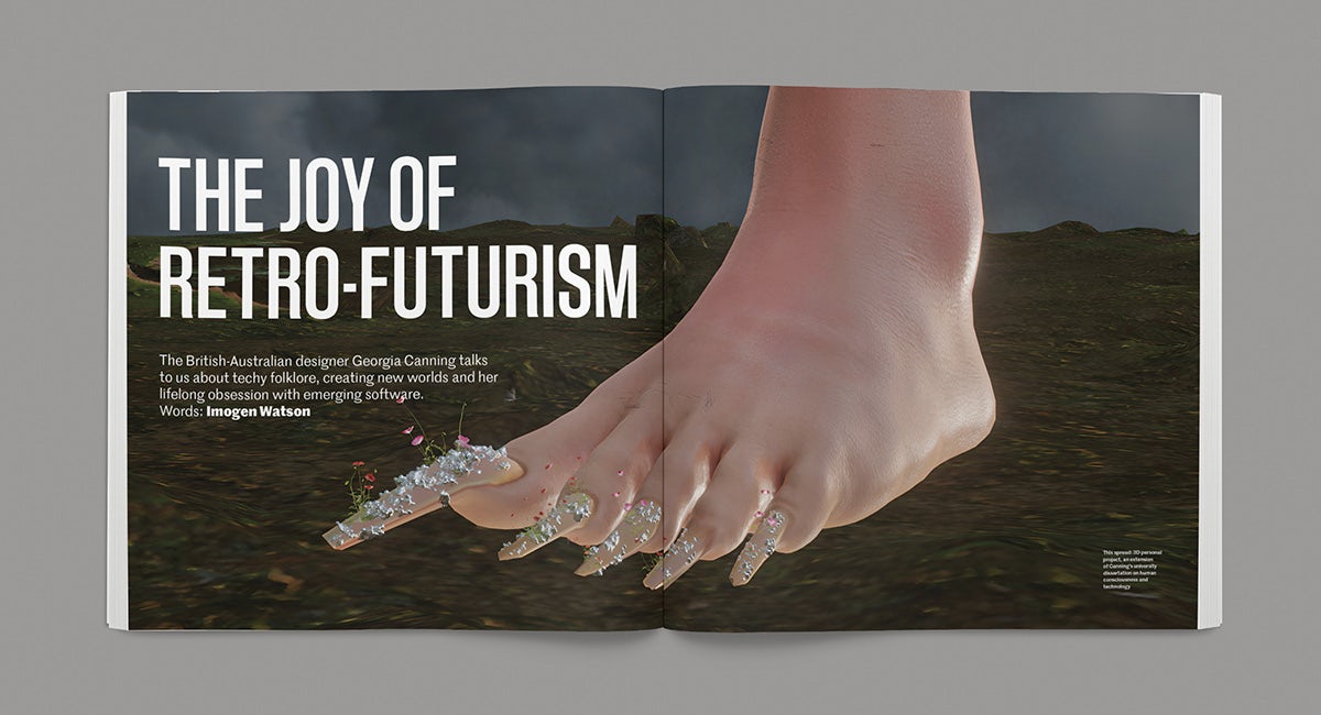 Spread from the New Talent issue of Creative Review showing a 3D illustration of a foot with long embellished nails alongside the headline 'the joy of retro futurism'