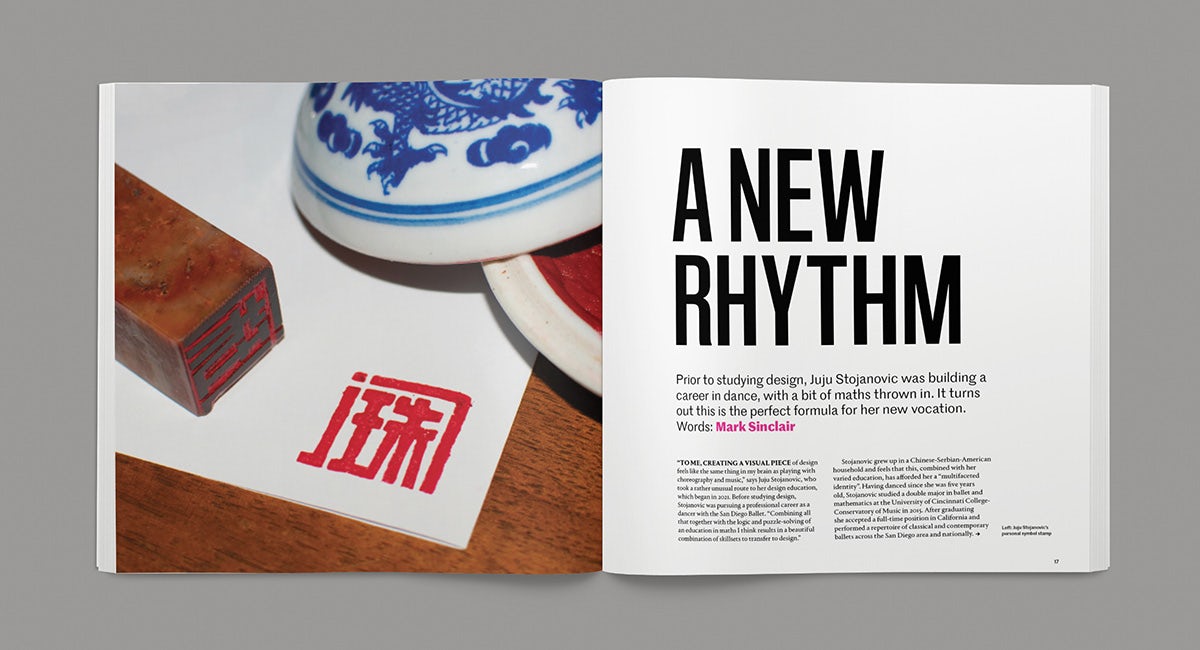 Spread from the New Talent issue of Creative Review showing an image of an intricately patterned dish alongside the headline 'a new rhythm'