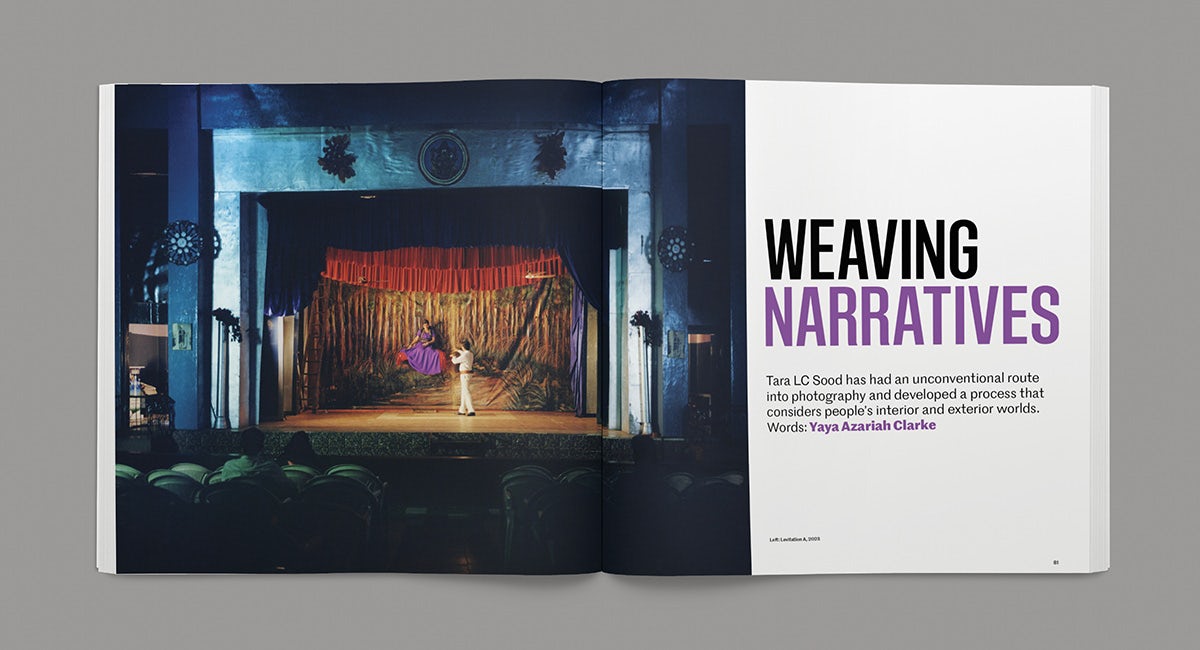 Spread from the New Talent issue of Creative Review showing a photo of a stage in a darkened room alongside the headline 'weaving narratives'