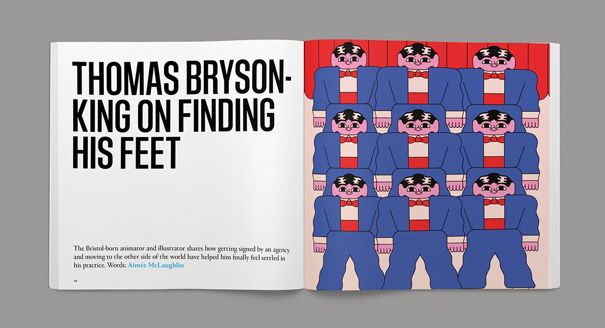 Spread from the New Talent issue of Creative Review showing a 2D illustration of a crowd of cartoonish people wearing suits, alongside the headline 'Thomas Bryson King on finding his feet'