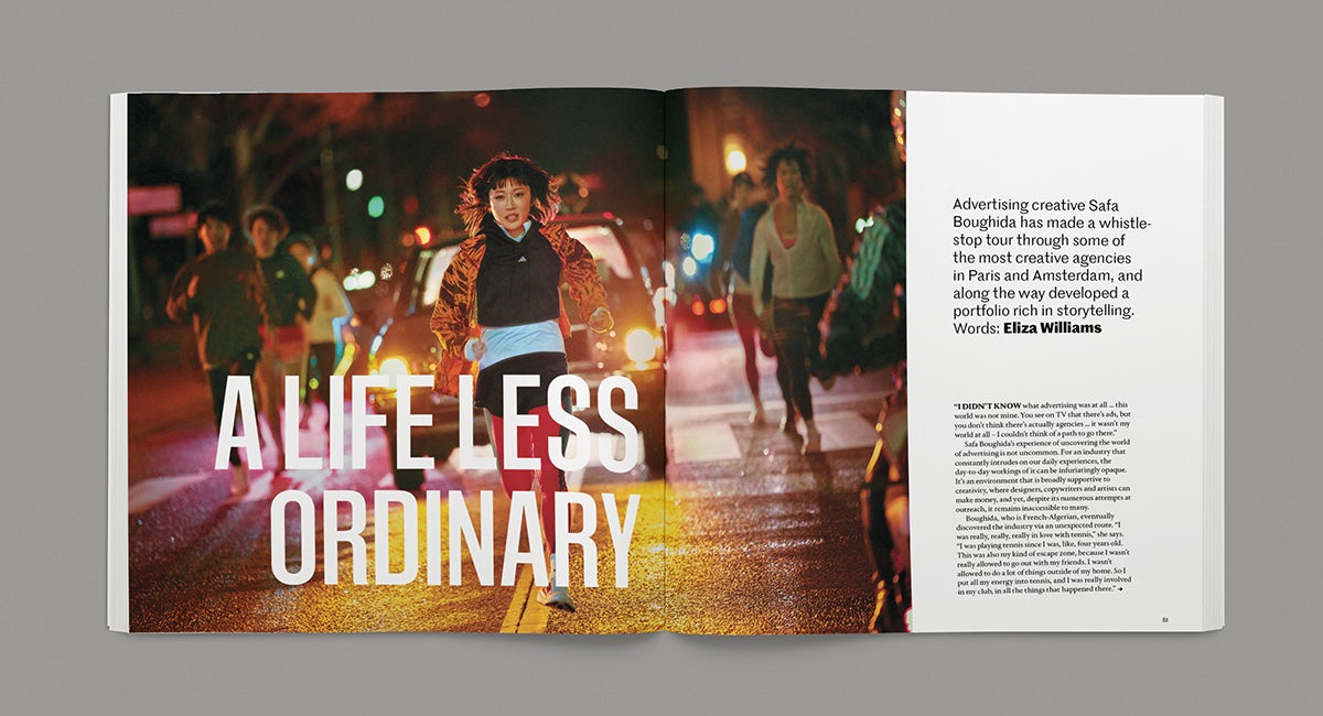 Spread from the New Talent issue of Creative Review showing a still of people running through a city street at night and the headline 'a life less ordinary'