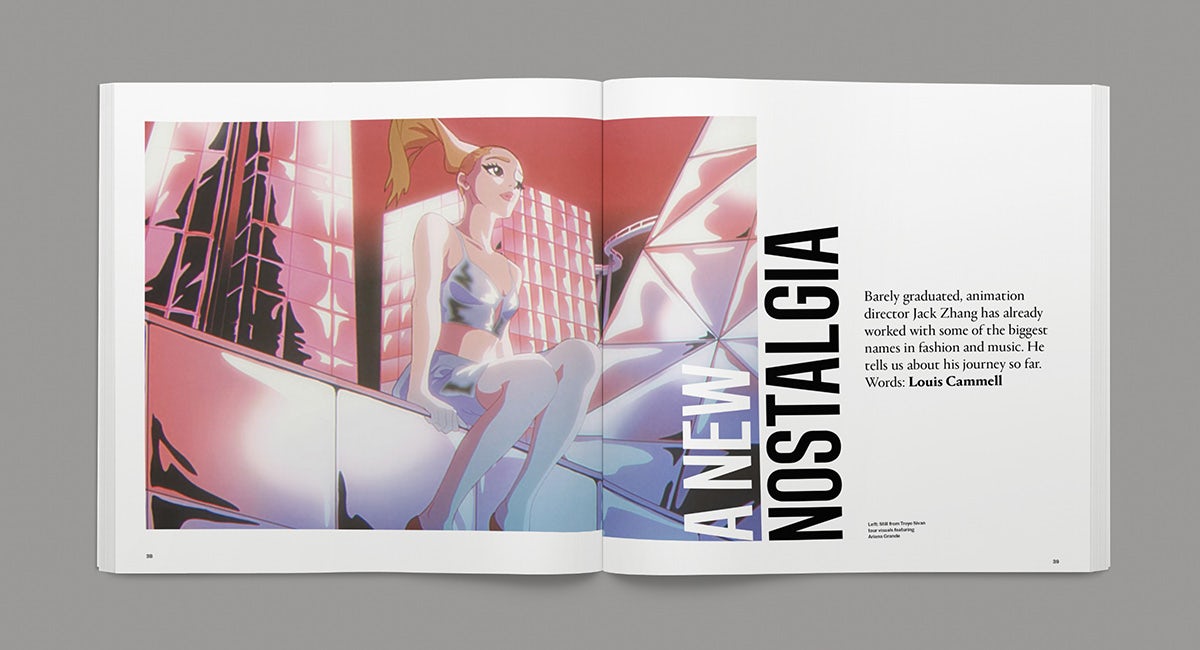 Spread from the New Talent issue of Creative Review showing an anime-like illustration of a person sat in front of skyscrapers and a headline 'a new nostalgia'