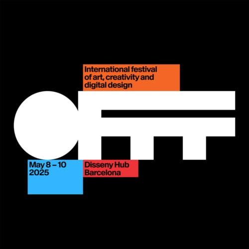 Offf Festival wordmark featuring thick black letterforms and 'F's that blend into one another, shown against a black background