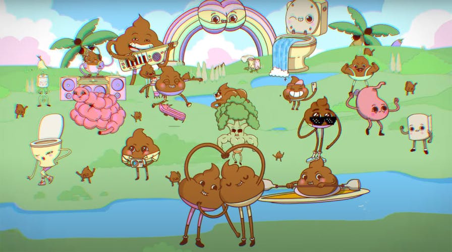 Still from PETA's animated ad featuring utopian scene filled with cartoon characters in the shape of poo, colons, toilets and loo roll
