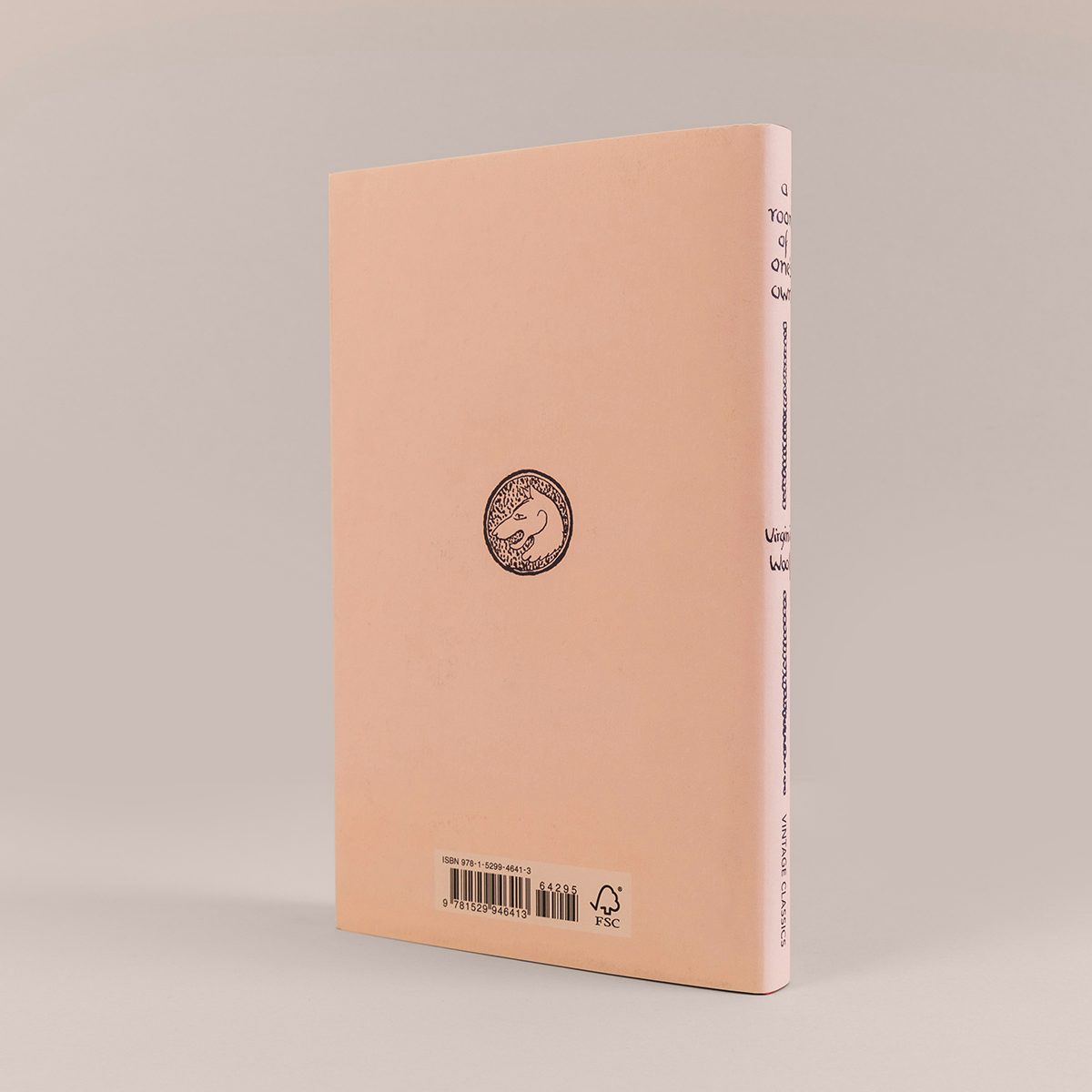 Back cover of the Vintage Classics centenary edition of A Room of One's Own by Virginia Woolf, featuring the Hogarth Press wolf head logo