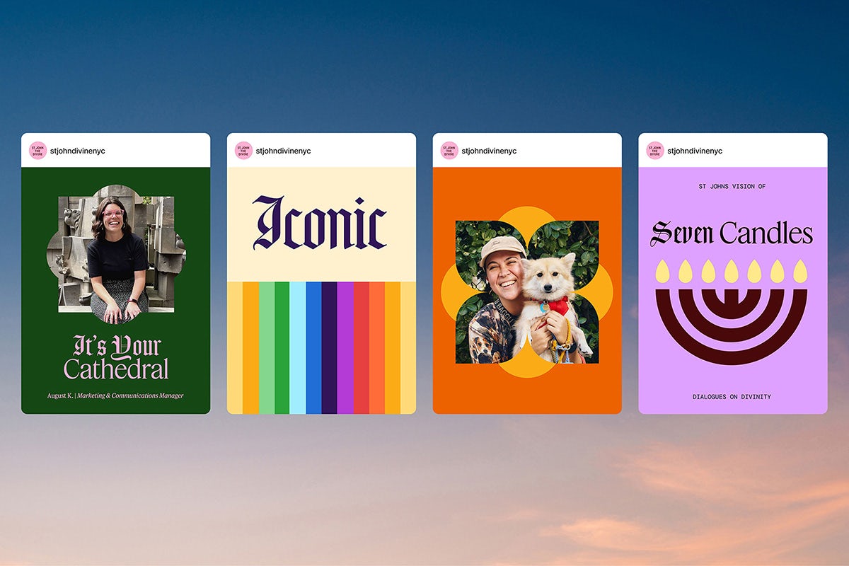 Row of four brightly coloured social posts for St John the Divine, featuring slogans like 'Iconic', 'Seven candles' and 'It's Your Cathedral' in a mix of sans-serif and Gothic lettering