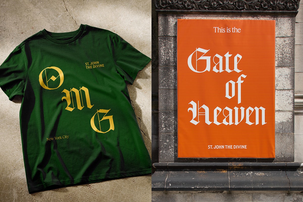 Photo of a green t-shirt featuring an 'OMG' graphic in yellow Gothic letterforms, next to a photo of an orange poster headlined 'Gate of heaven'