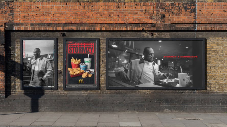 Outdoor adverts featuring black and white photos of Stormzy and McDonald's food