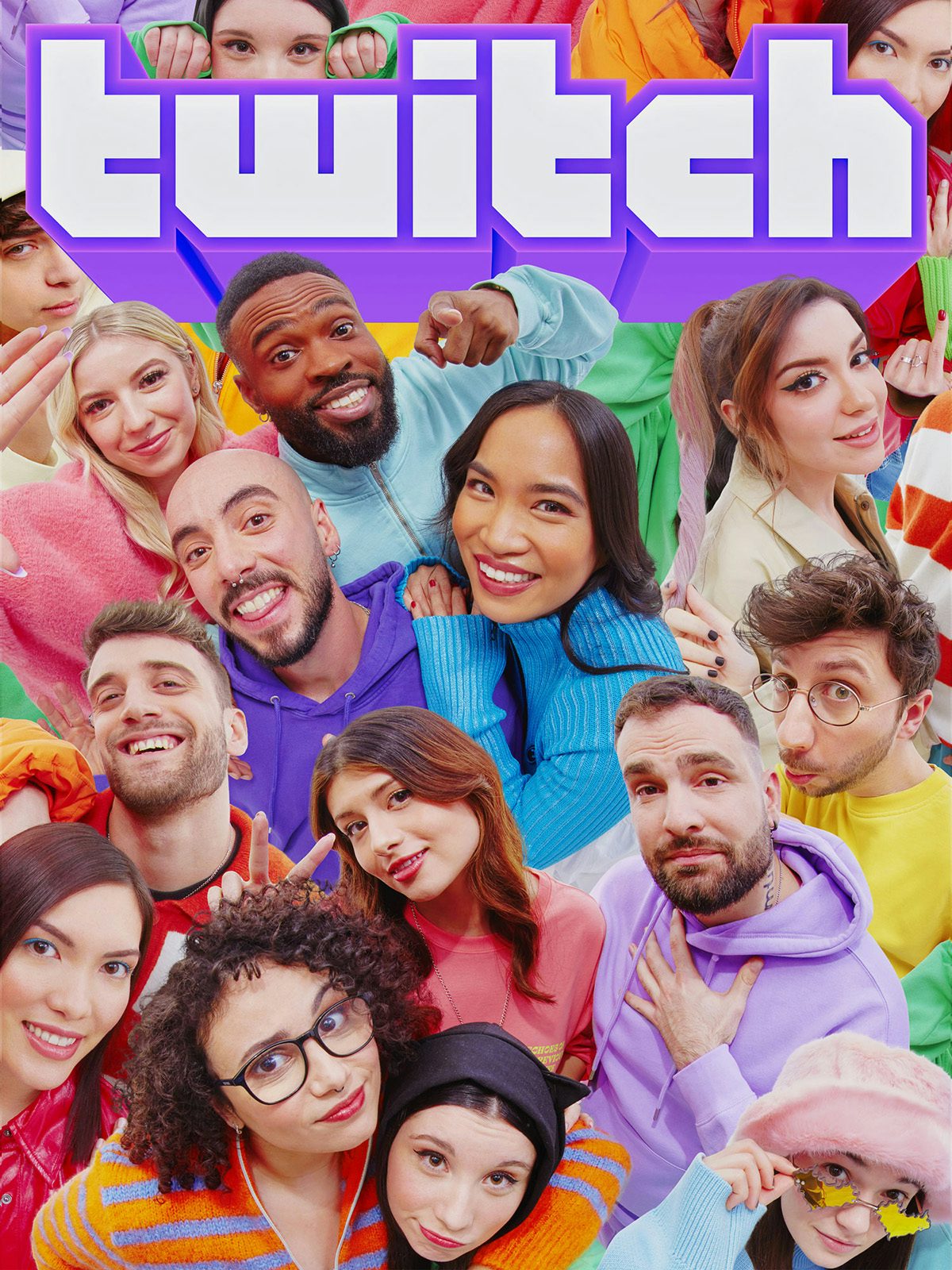 Graphic design for Twitch featuring the brand's retro geometric wordmark laid over a collage of people's faces 