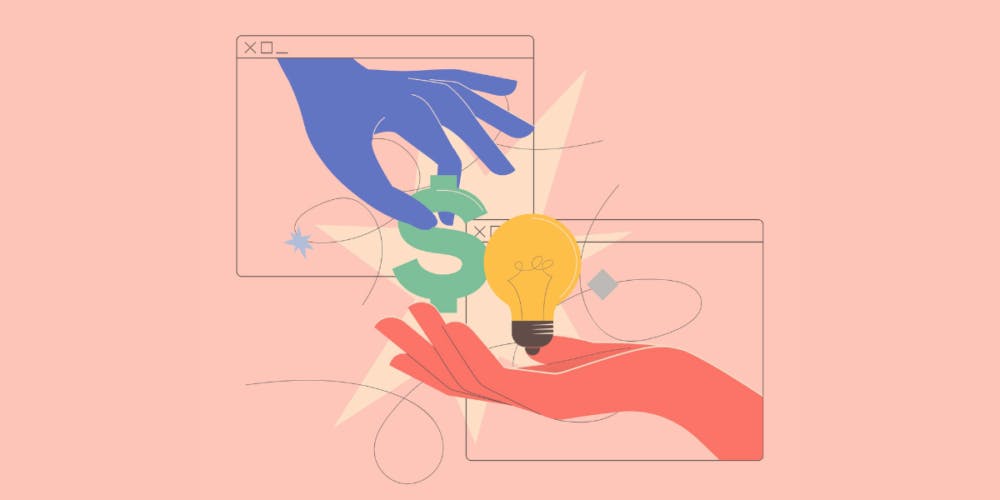 An illustration of two hands exchanging money and ideas
